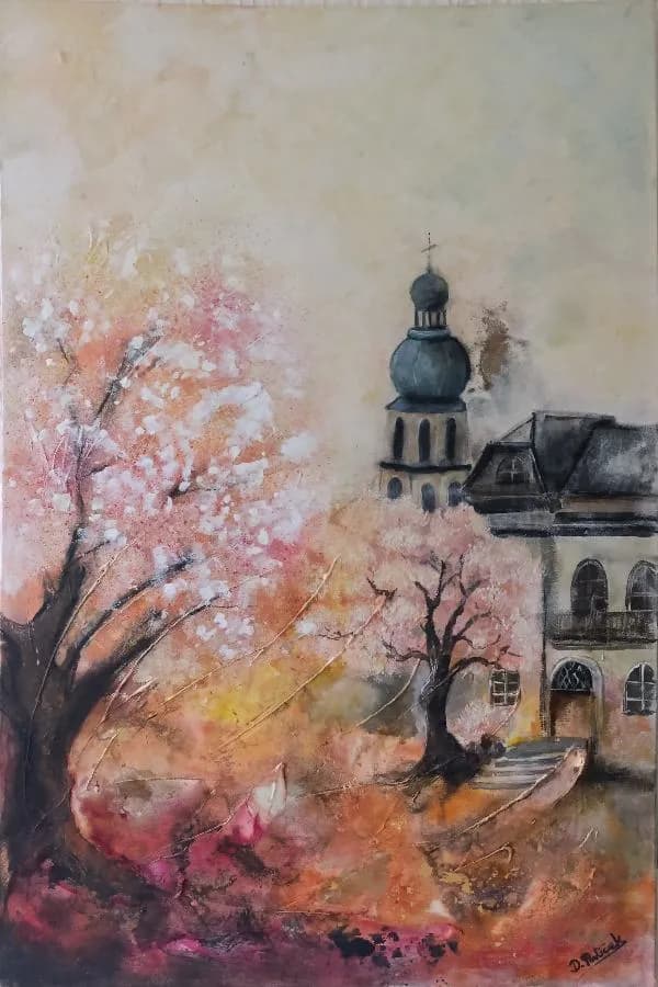 Slika Proleće: ručno slikane krošnje u roze i narandžastoj, sa vidljivim potezima i teksturom