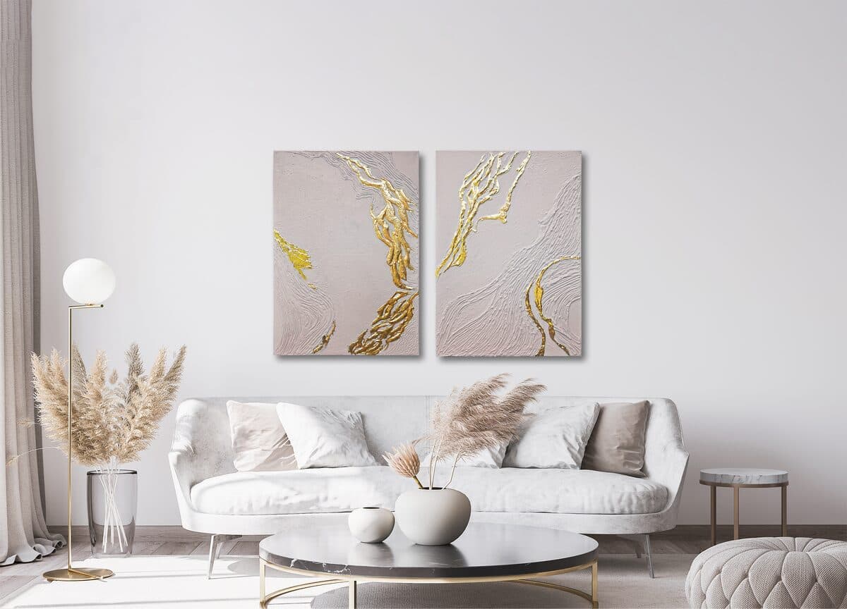 Golden River, Akril na platnu, tekstura, listići imitacije zlata, 70 × 90 cm