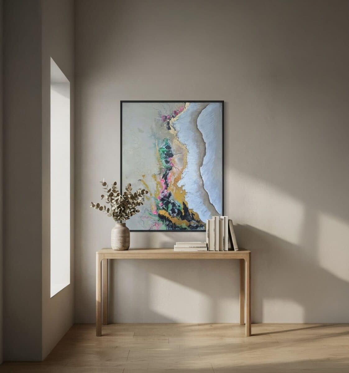 Zlatni talas, Akril na platnu, tekstura, listići imitacije zlata, 100 × 80 cm