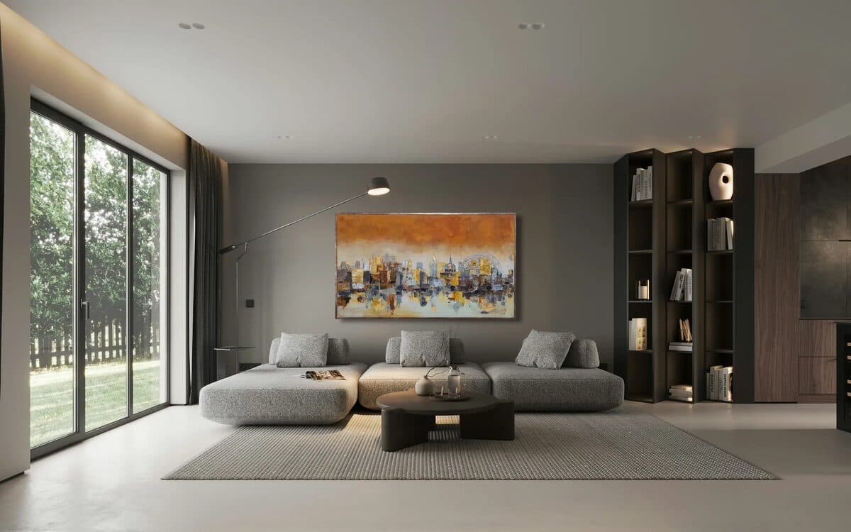 Grad, Akril na platnu, listići imitacije zlata, 100 × 170 cm