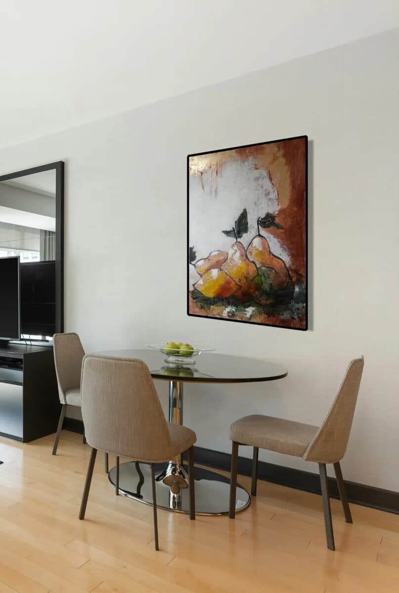 Kruške, Kombinovana tehnika, listići imitacije zlata, 70 × 100 cm