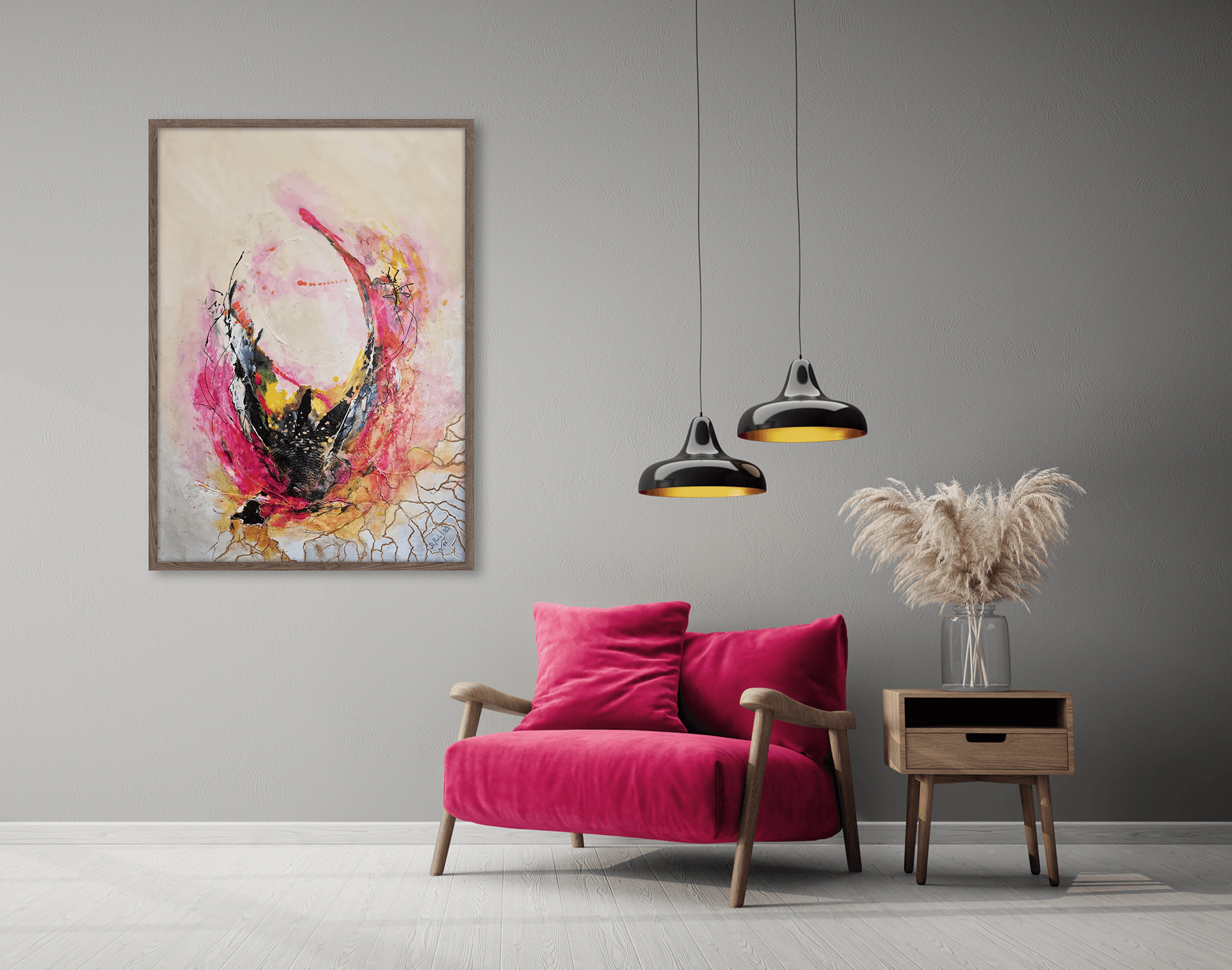 Gnezdo, Akril na lepenci, kombinovana tehnika, 100 × 70 cm
