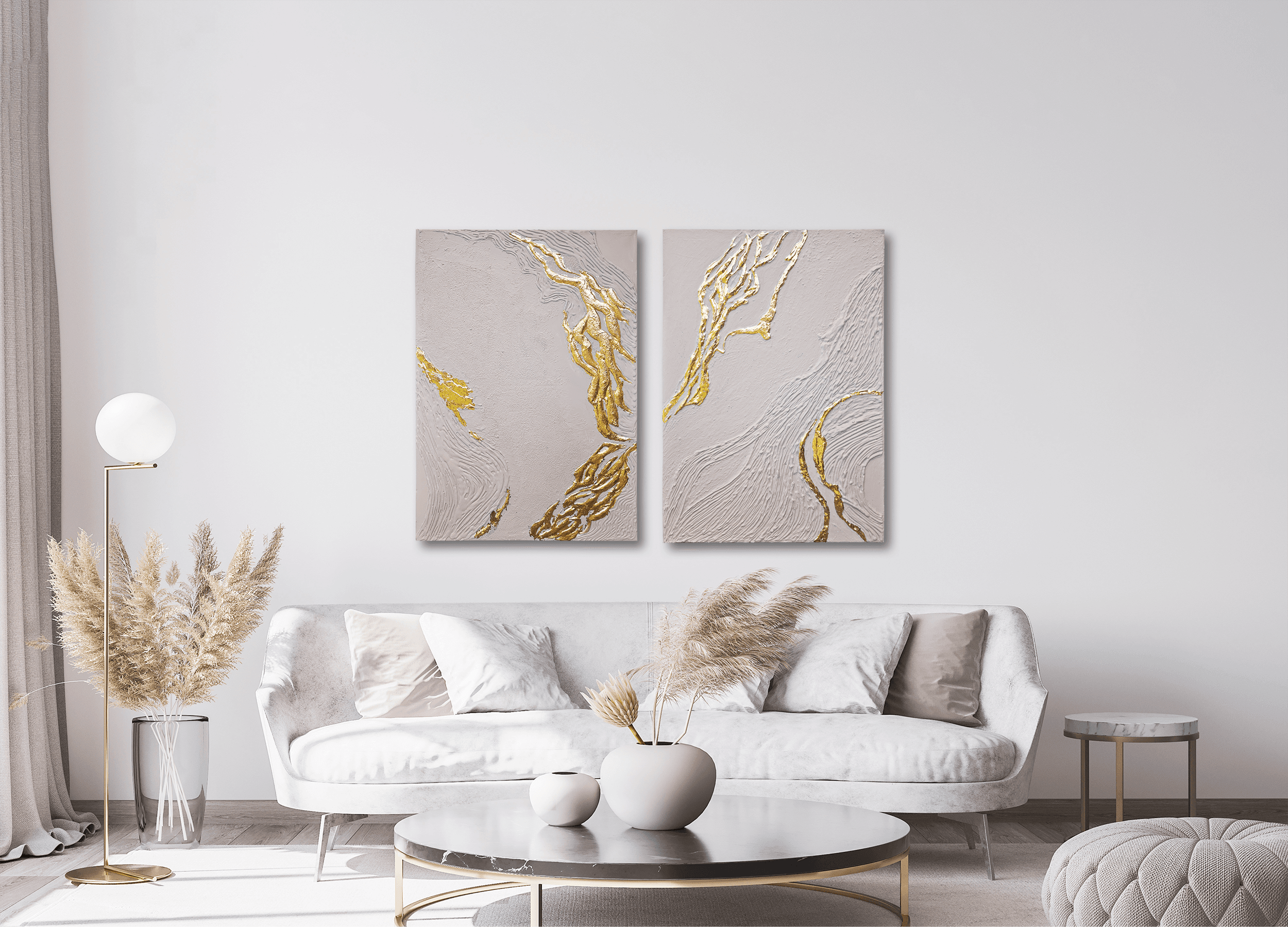 Golden River, Akril na platnu, tekstura, listići imitacije zlata, 70 × 90 cm