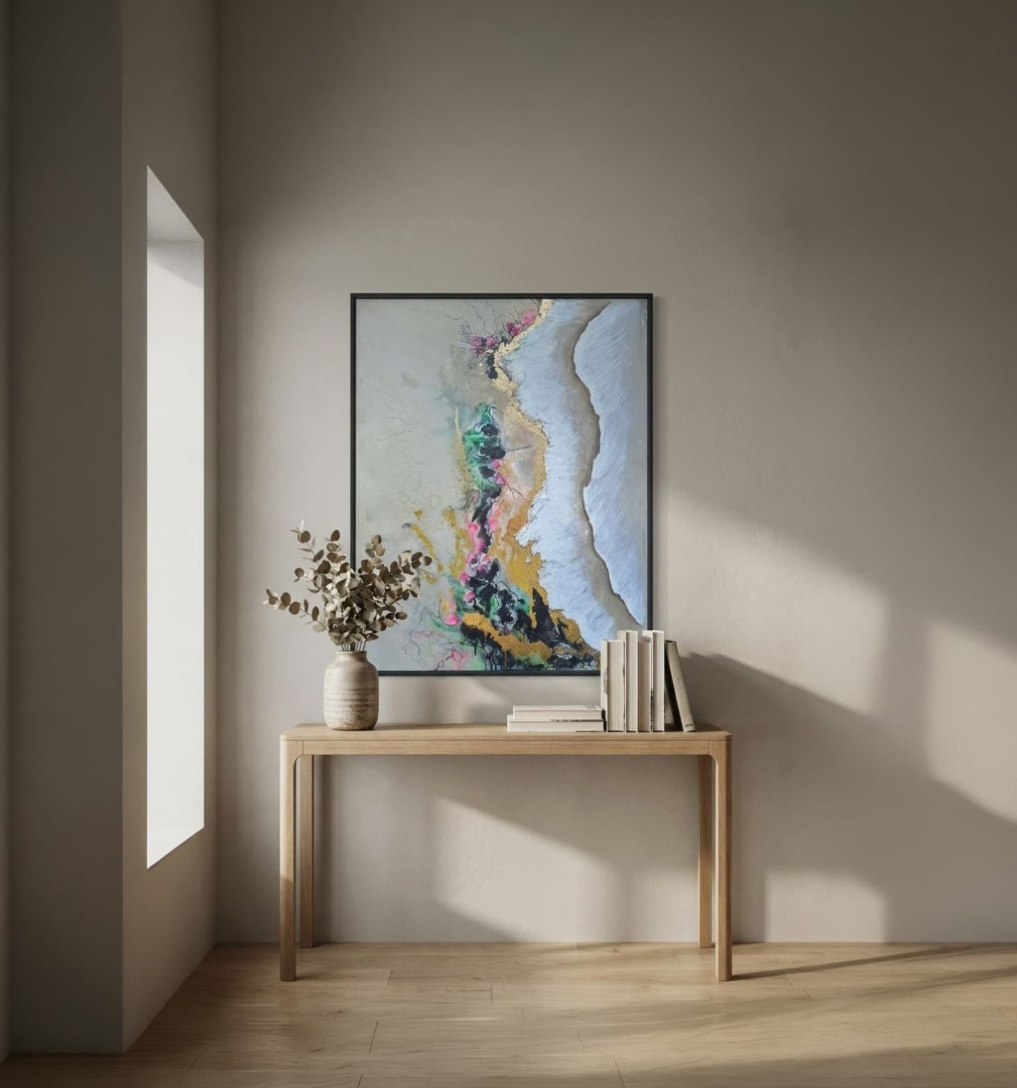 Zlatni talas, Akril na platnu, tekstura, listići imitacije zlata, 100 × 80 cm